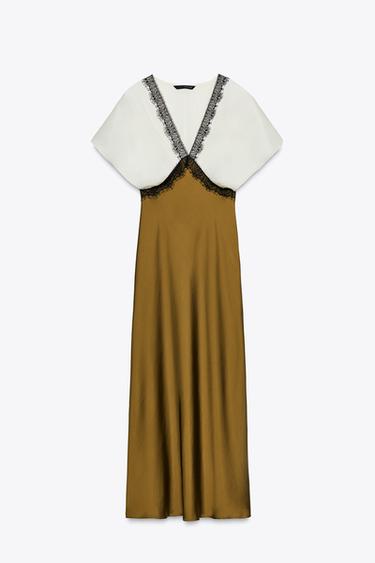 ROBE MIDI SATINÉE DENTELLE CONTRASTÉE - écru/vert kaki de Zara - Image 1