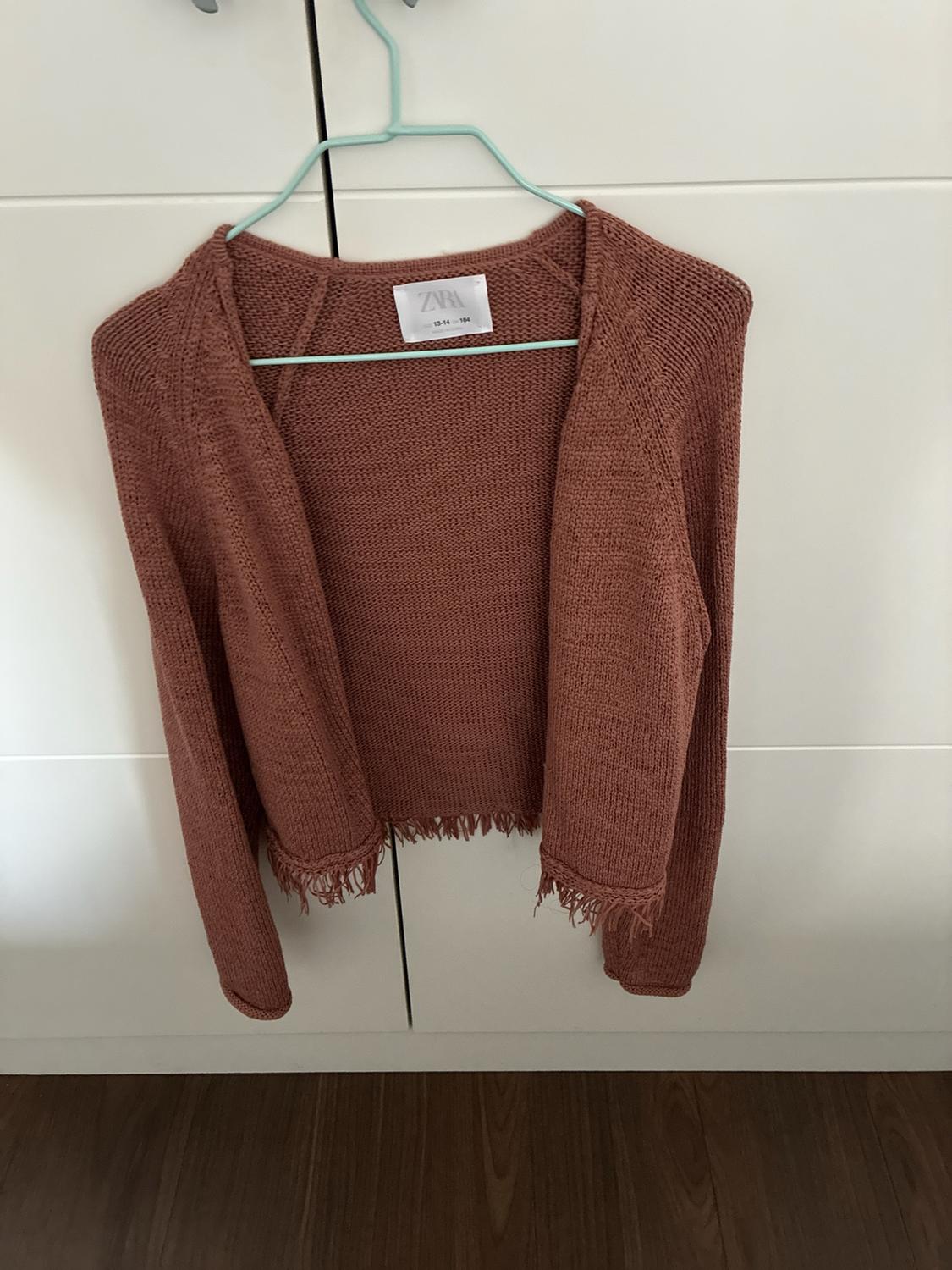 Terracotta open-knit cardigan with fringed hem, hanging in a white wardrobe. Text: ZARA 13-14 164.