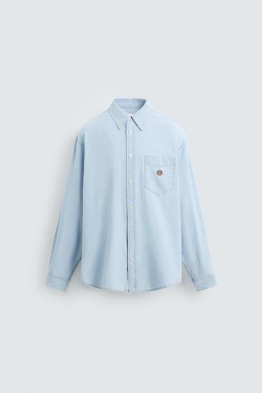 Zara EMBROIDERED DENIM SHIRT - Light blue
