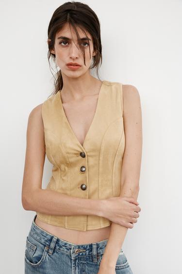 Zara SUEDE EFFECT BUTTON VEST - Butter