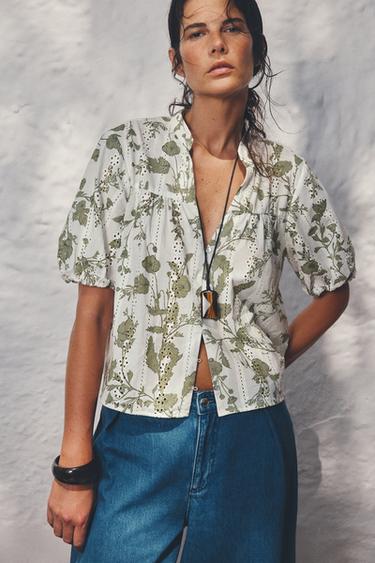 Zara PRINTED TOP WITH EMBROIDERED EYELETS - Ecru / Khaki