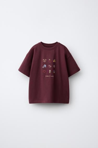 T-SHIRT WITH EMBROIDERED DETAIL - Aubergine by Zara