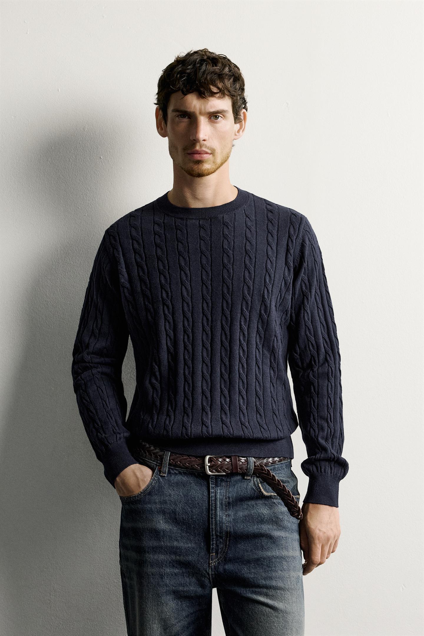 Мужской свитер Zara Cotton-Wool Cable Knit, цвет: Тёмно-синий — фото 2