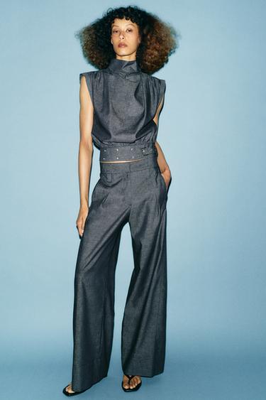 HIGH-WAIST WIDE-LEG LINEN BLEND TROUSERS - Indigo by Zara