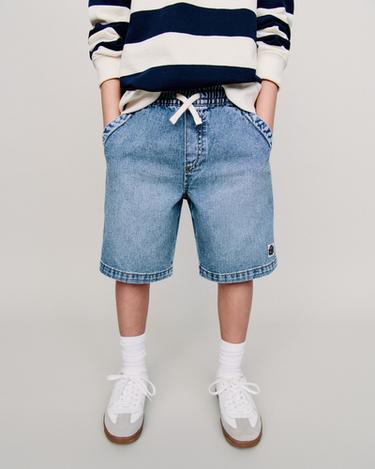 Zara DRAWSTRING LABEL DENIM SHORTS - Mid-blue