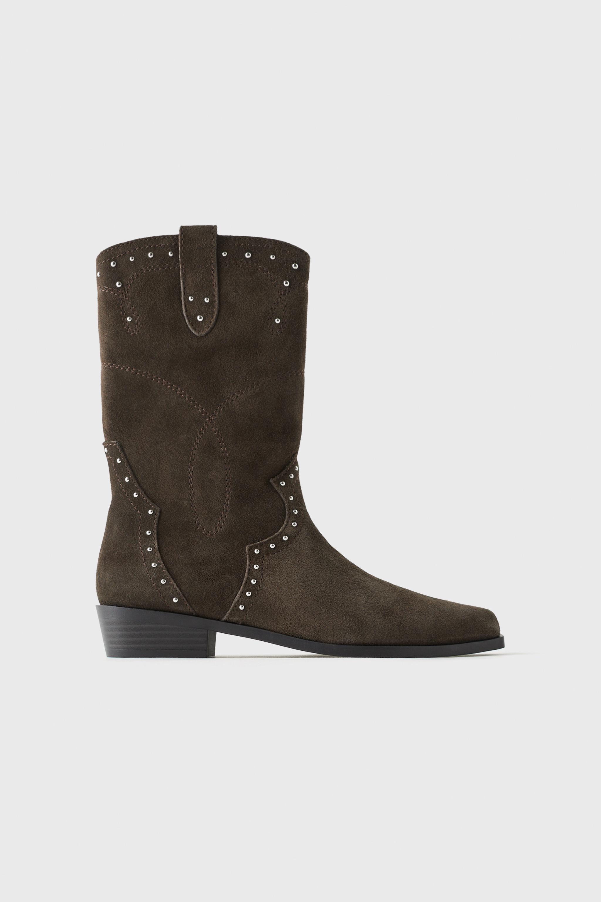 Zara Z3D Studded Suede Cowboy Boots Brown Kids