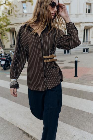 STRIPED SHIRT WITH BUCKLES - Brown / Ecru by Zara