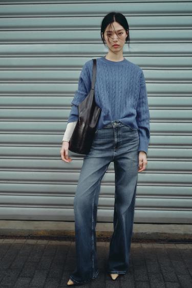 Zara ZW COLLECTION 高腰寬管牛仔褲 - 藍色