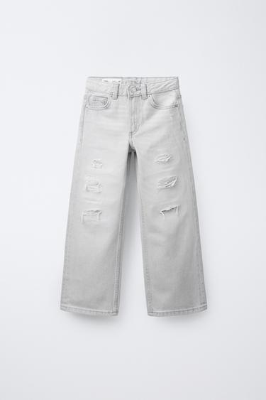 Zara RIPPED WIDE LEG JEANS - Stone