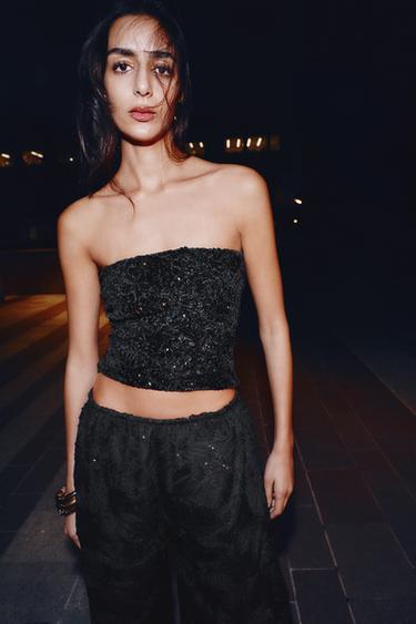 Zara SEQUIN VELVET TOP - Black
