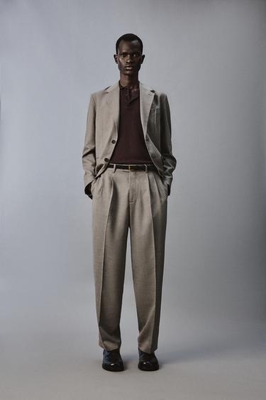 Zara PLAID PLEATED SUIT PANTS - Beige - Image 0