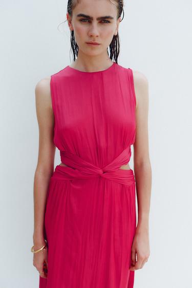 ROBE MIDI SATINÉE AJOURÉE - Fuchsia de Zara - Image 1