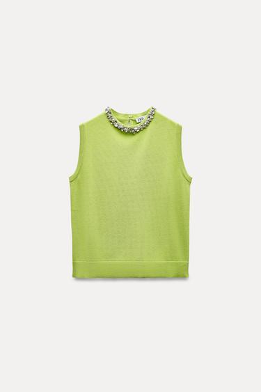 TOP EN MAILLE LISSE AVEC VERROTERIES - Vert lime fluo de Zara
