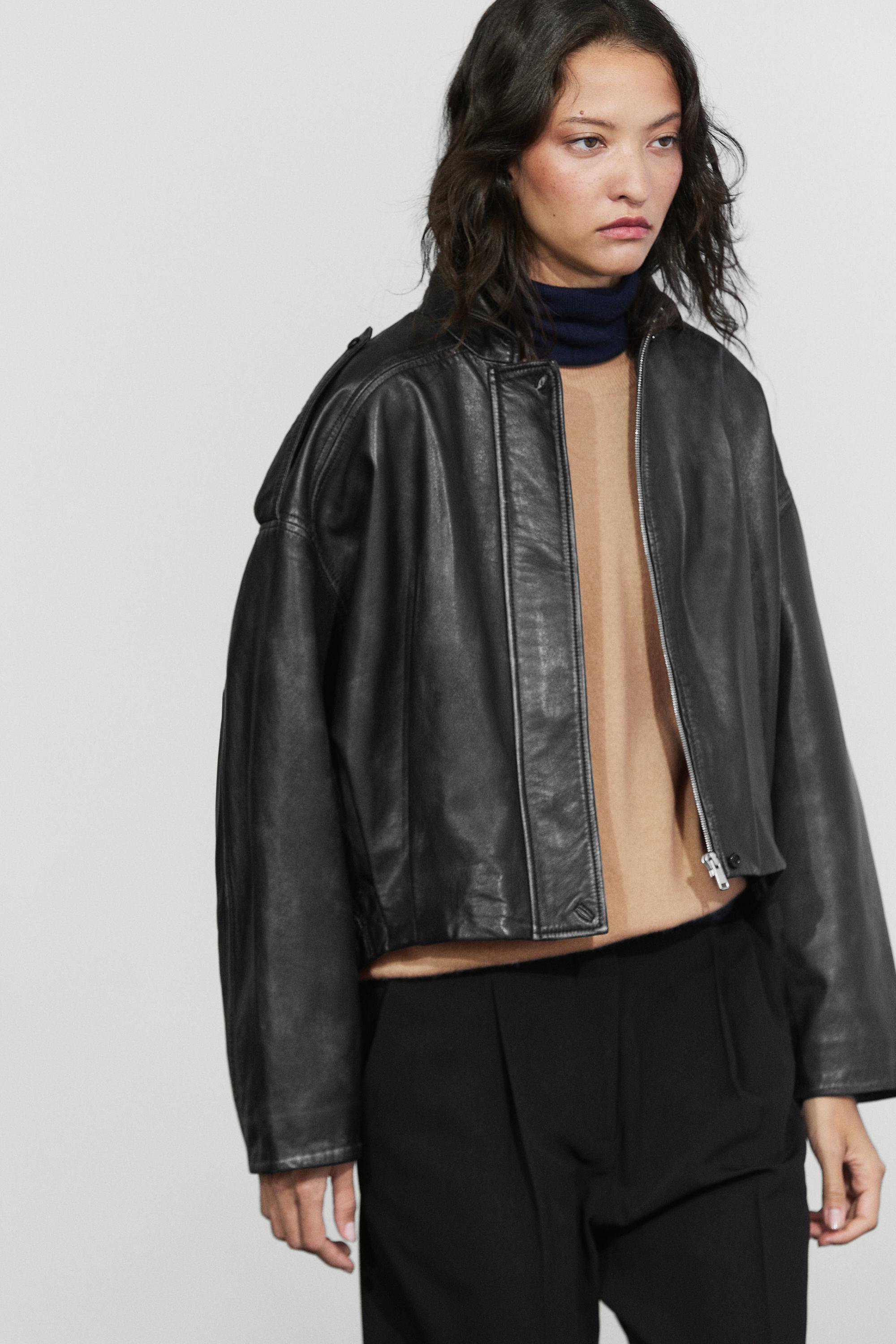 Nappa leather bomber jacket with lapel collar