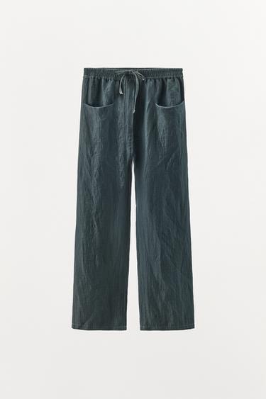 PANTALON AVEC LIN COUTURES CONTRASTE - Vert / Bleu de Zara - Image 5