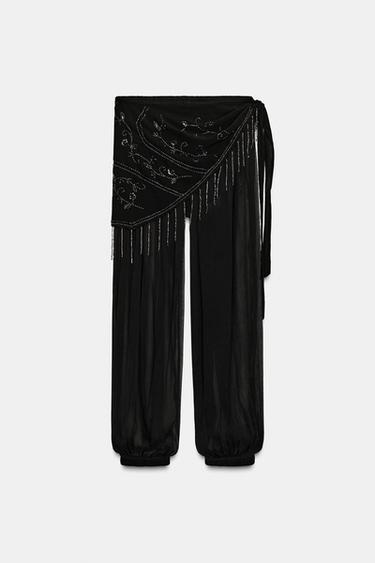 Zara BEADED PAREO PANTS - Black