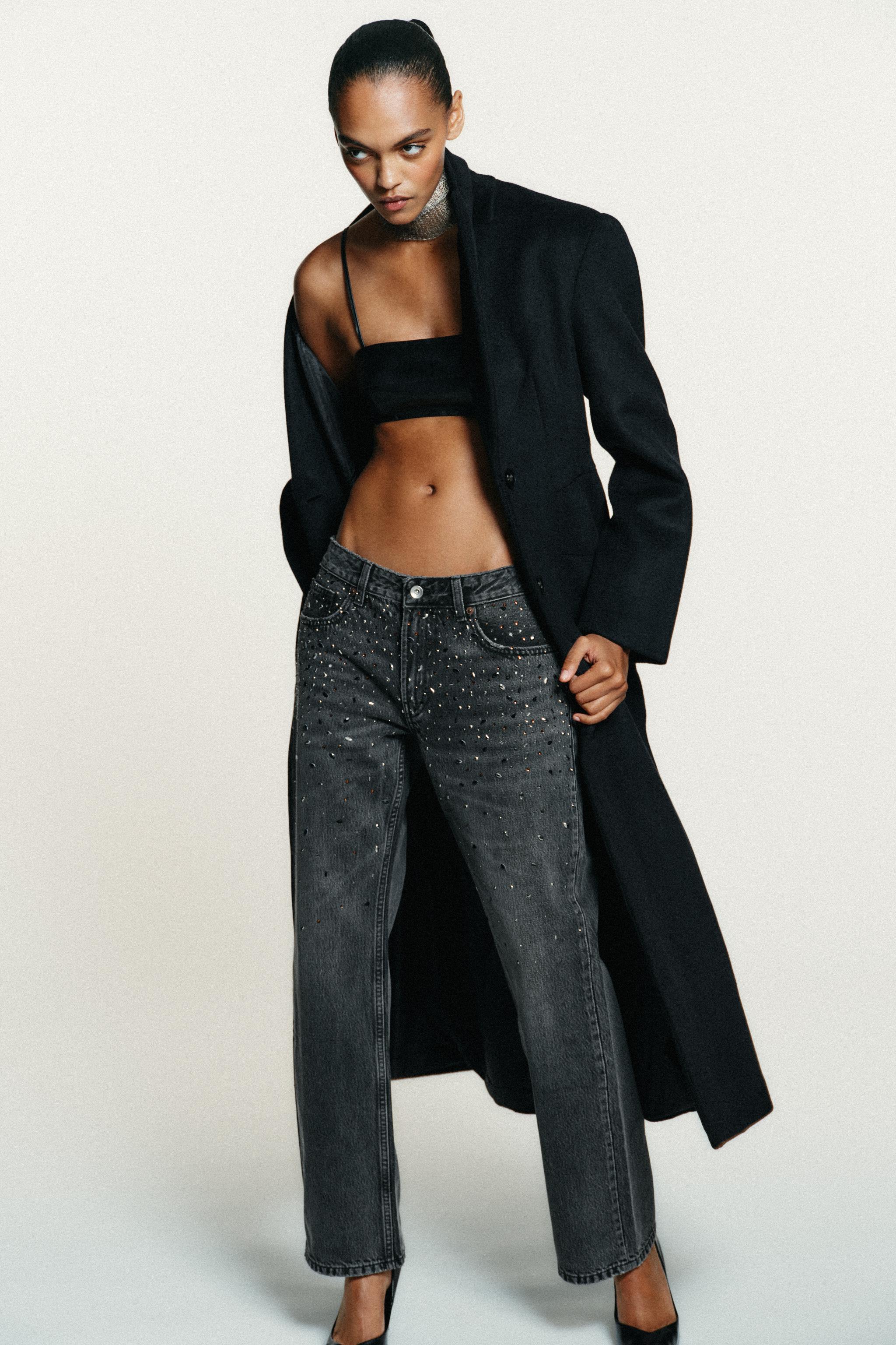 TRF ストレートラインストーン ローライズデニムパンツ - ブラック