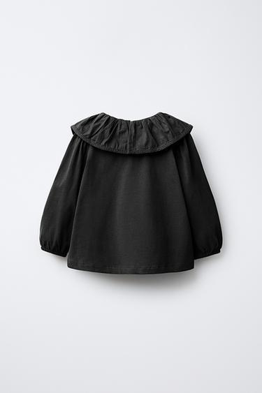 EMBROIDERED T-SHIRT WITH PETER PAN COLLAR - Black by Zara
