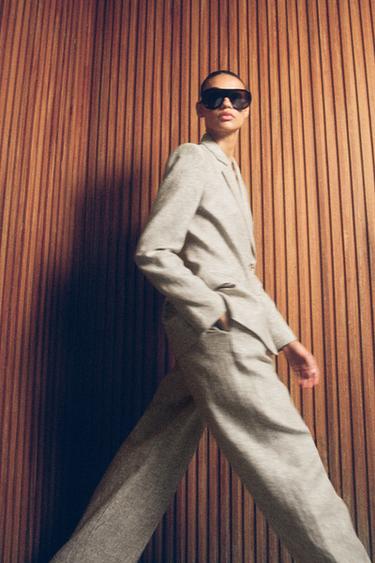 Zara 100% LINEN STRAIGHT LEG PANTS - Sand / Marl