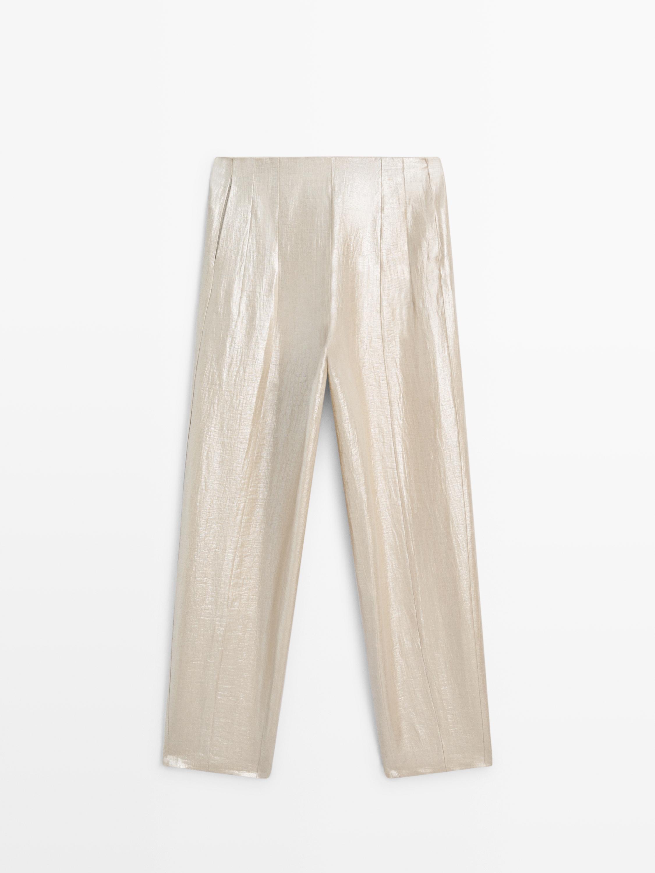 Flowing metallic linen trousers — Beige