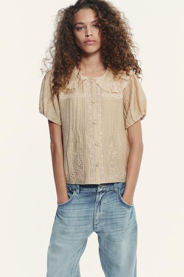 EMBROIDERED PETER PAN COLLAR SHIRT - Beige by Zara - Image 1