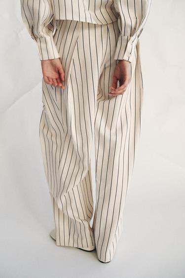 STRIPED PLEATED TROUSERS ZW COLLECTION - Ecru / Navy by Zara - Image 4