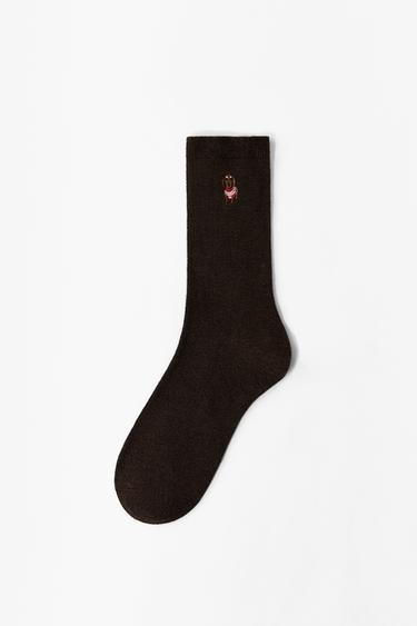 PLAIN SOCKS WITH DACHSHUND EMBROIDERY - Brown by Zara