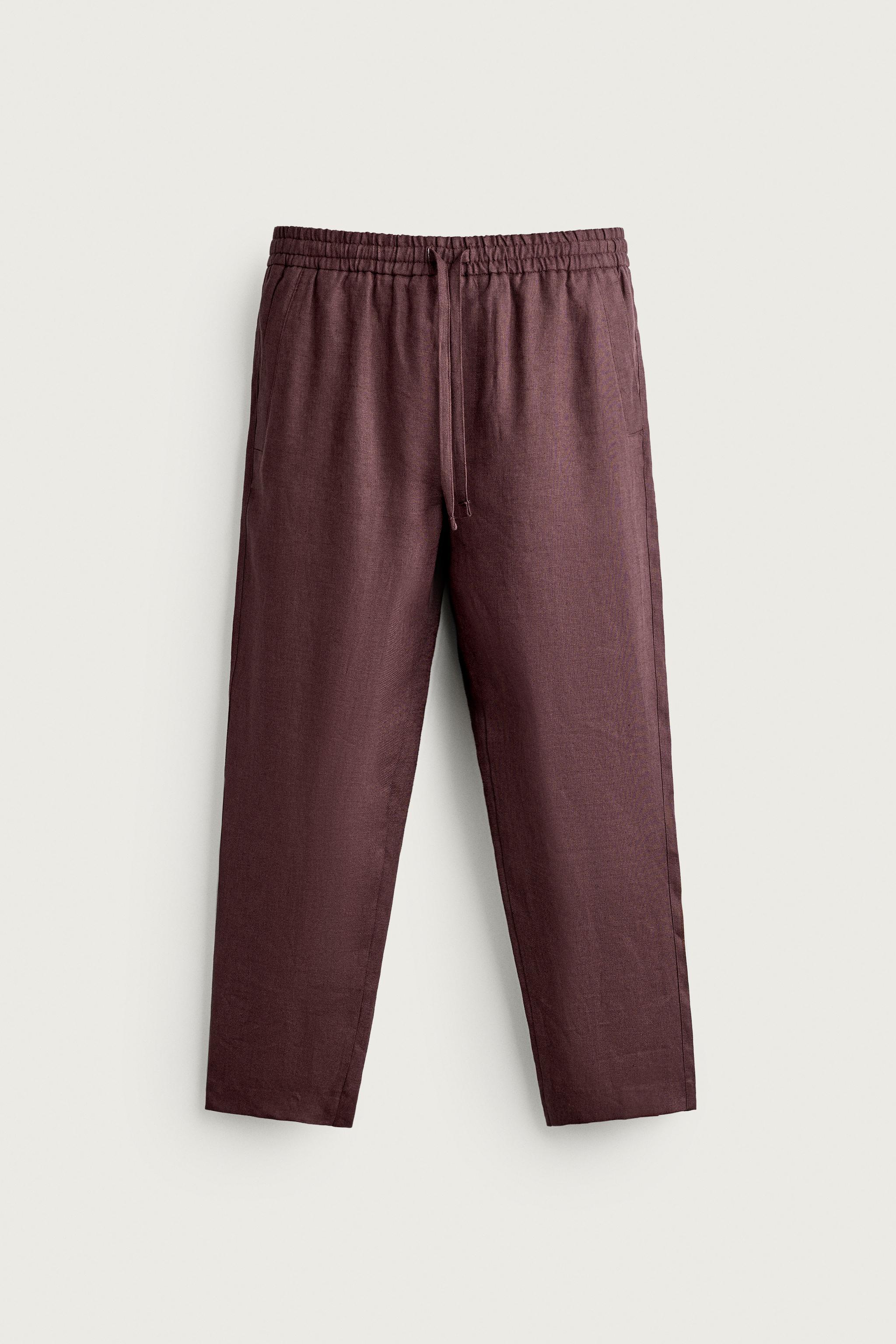 RELAXED FIT 100% LINEN PANTS — Burgundy