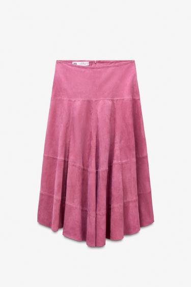LIMITED EDITION ASYMMETRIC SUEDE LEATHER MIDI SKIRT - Pink by Zara