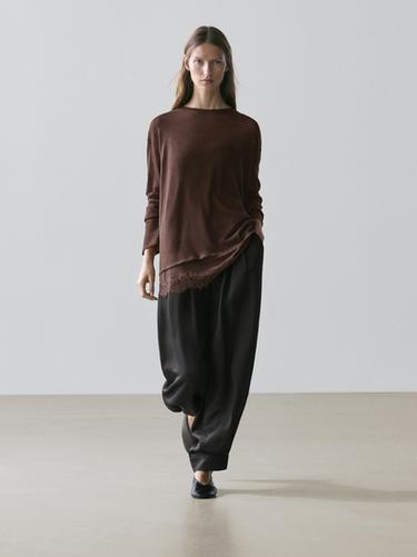 Zara Long sleeve T-shirt with lace detail - Brown - Image 0