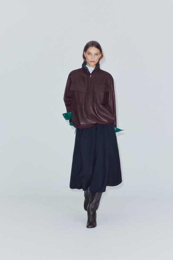Zara ZW COLLECTION 100% LEATHER POCKET SWEATSHIRT - Burgundy - Image 0