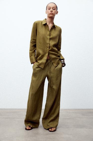 ZW COLLECTION 100% LINEN SHIRT - Olive green by Zara