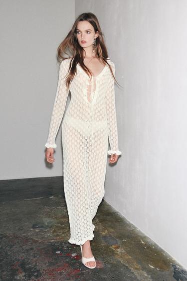 POINTELLE KNIT LONG DRESS WITH FRILLS - White by Zara