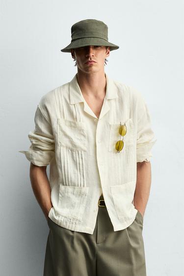 RELAXED FIT 100% LINEN PLEATED SHIRT - Ecru by Zara
