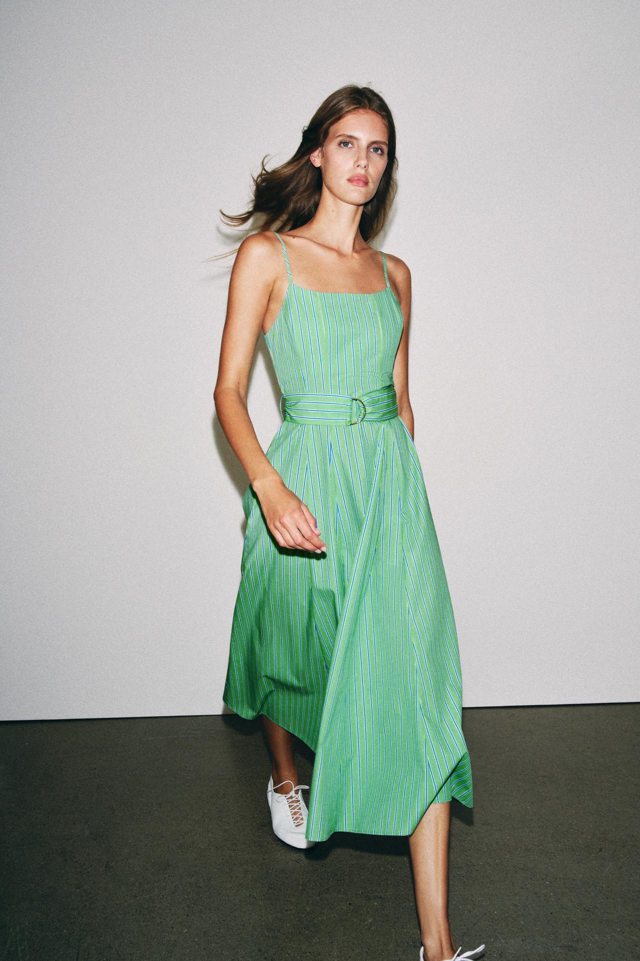 STRIPED BELTED MIDI DRESS — Green / Blue