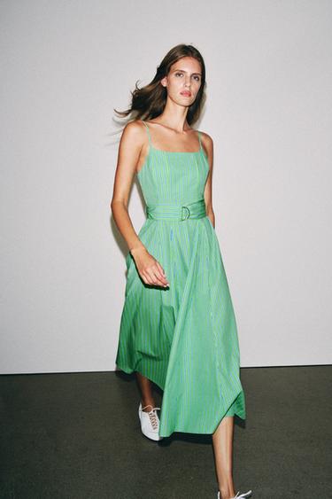 STRIPED BELTED MIDI DRESS — Green / Blue 2
