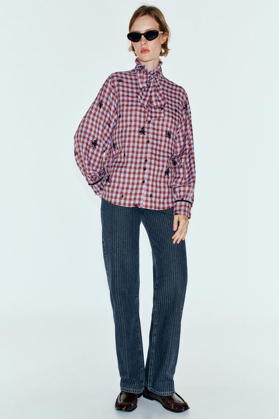 CAMISA LAZO CUADROS ACABADOS TERCIOPELO - Azul de Zara - Imagen 0