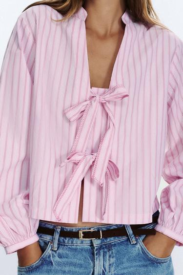 STRIPED POPLIN SHIRT WITH TIES - Pink / White by Zara - Image 4