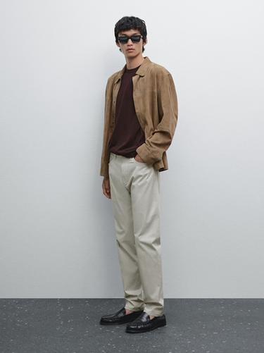 Zara Slim-fit lightweight textured weave denim trousers - Stone