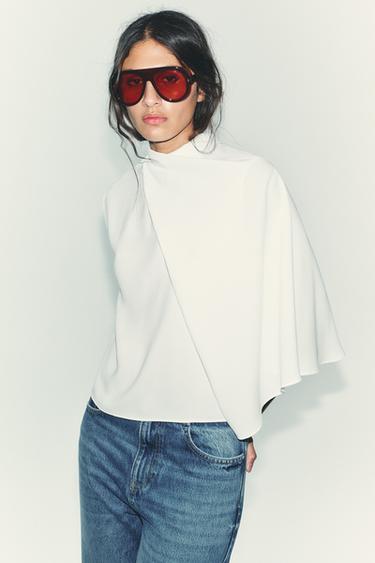 Zara ASYMMETRIC CREPE CAPE TOP - Oyster-white - Image 0