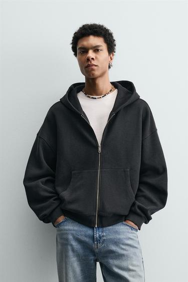 Zara WASHED TEXTURED HOODIE SWEATSHIRT - Dark anthracite