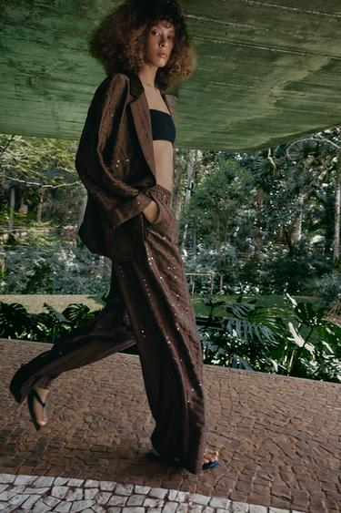 SEQUIN FLOWING TROUSERS - Brown by Zara