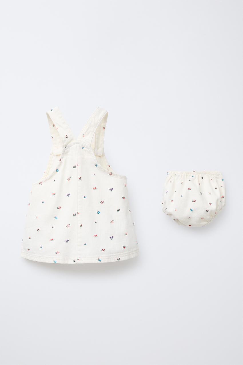 EMBROIDERED DENIM PINAFORE DRESS AND BLOOMERS