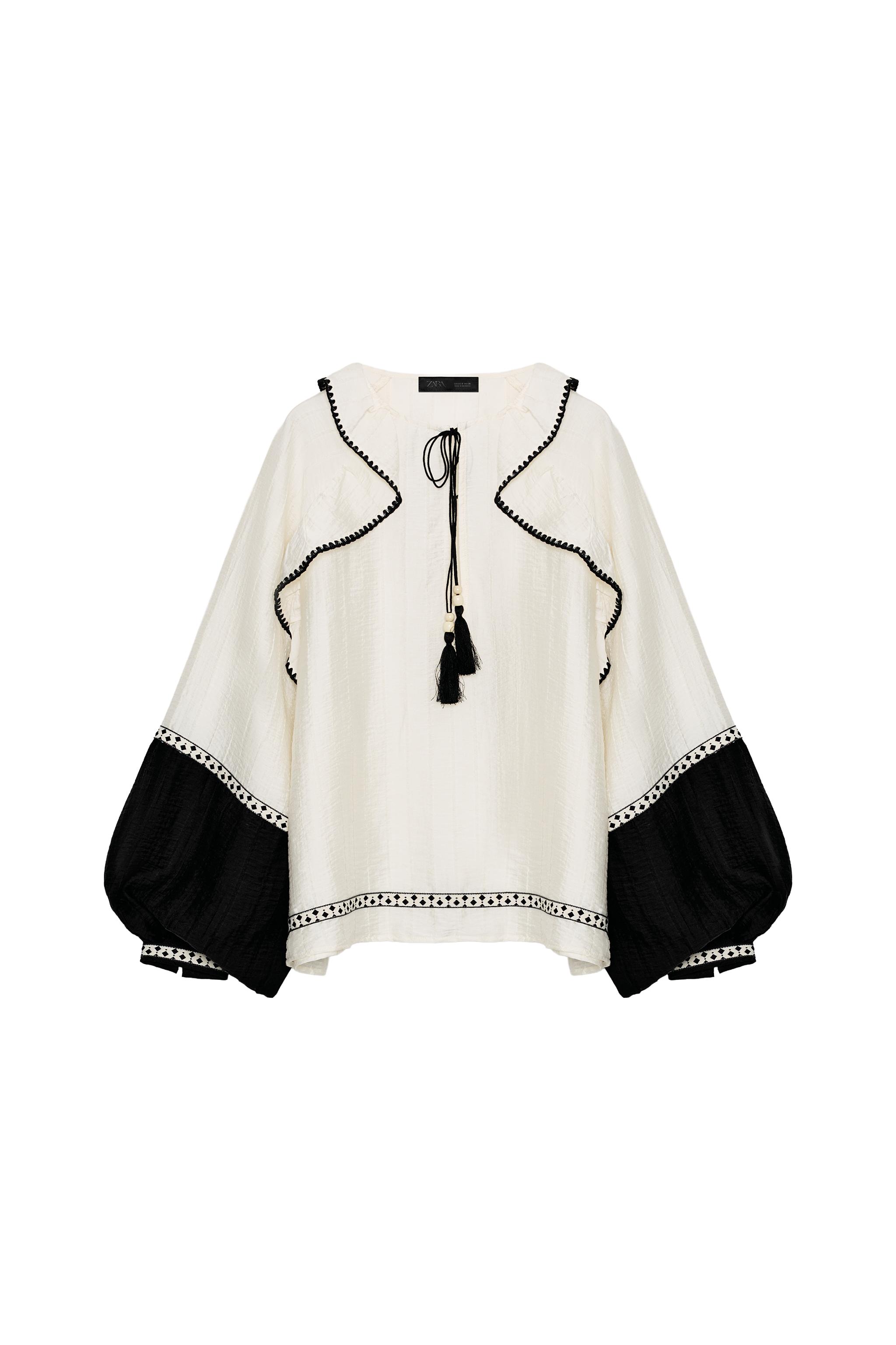 VOLUMINOUS BLOUSE WITH RUFFLES — Ecru / Black