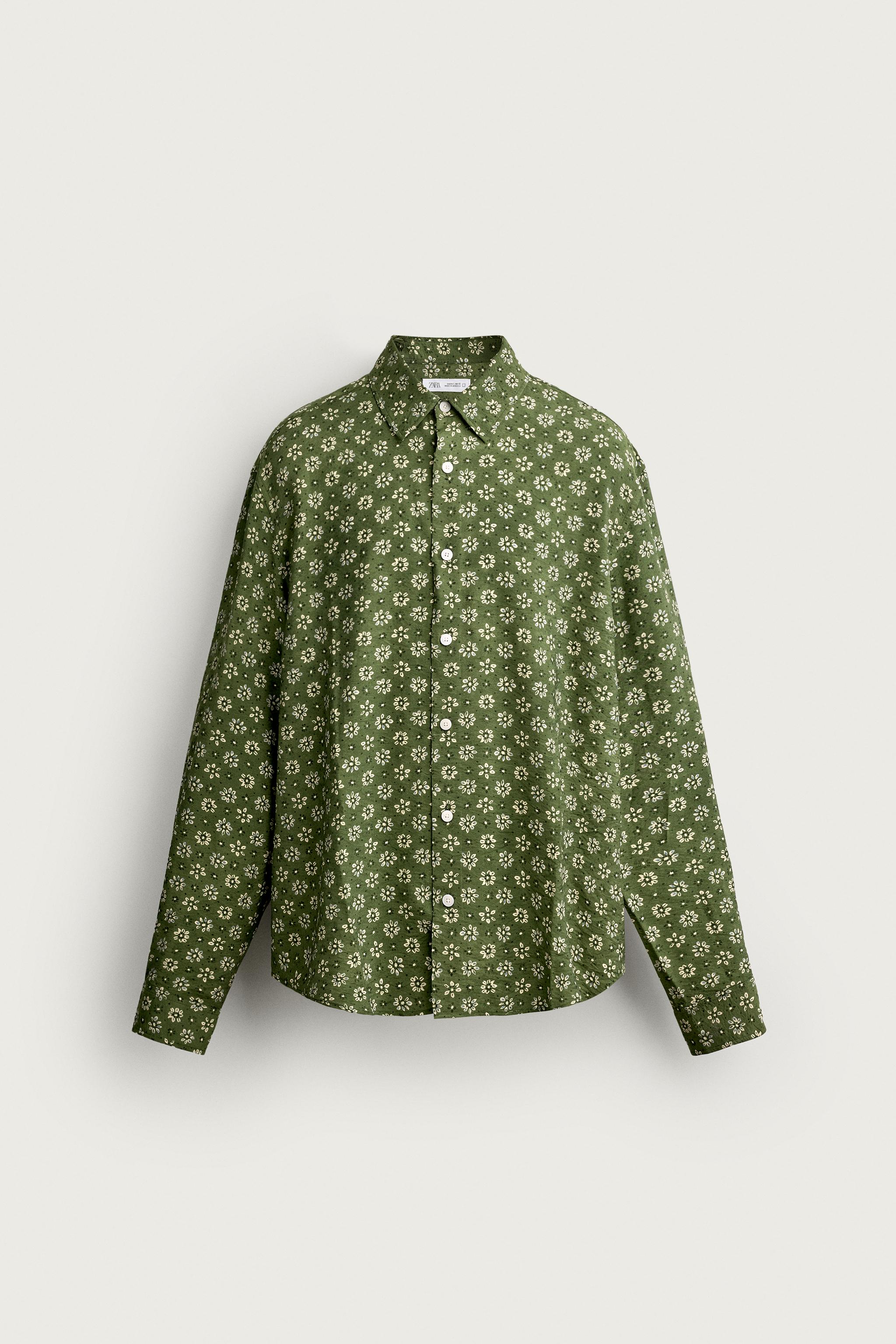 FLOWY FLORAL PRINT SHIRT — Mid-green