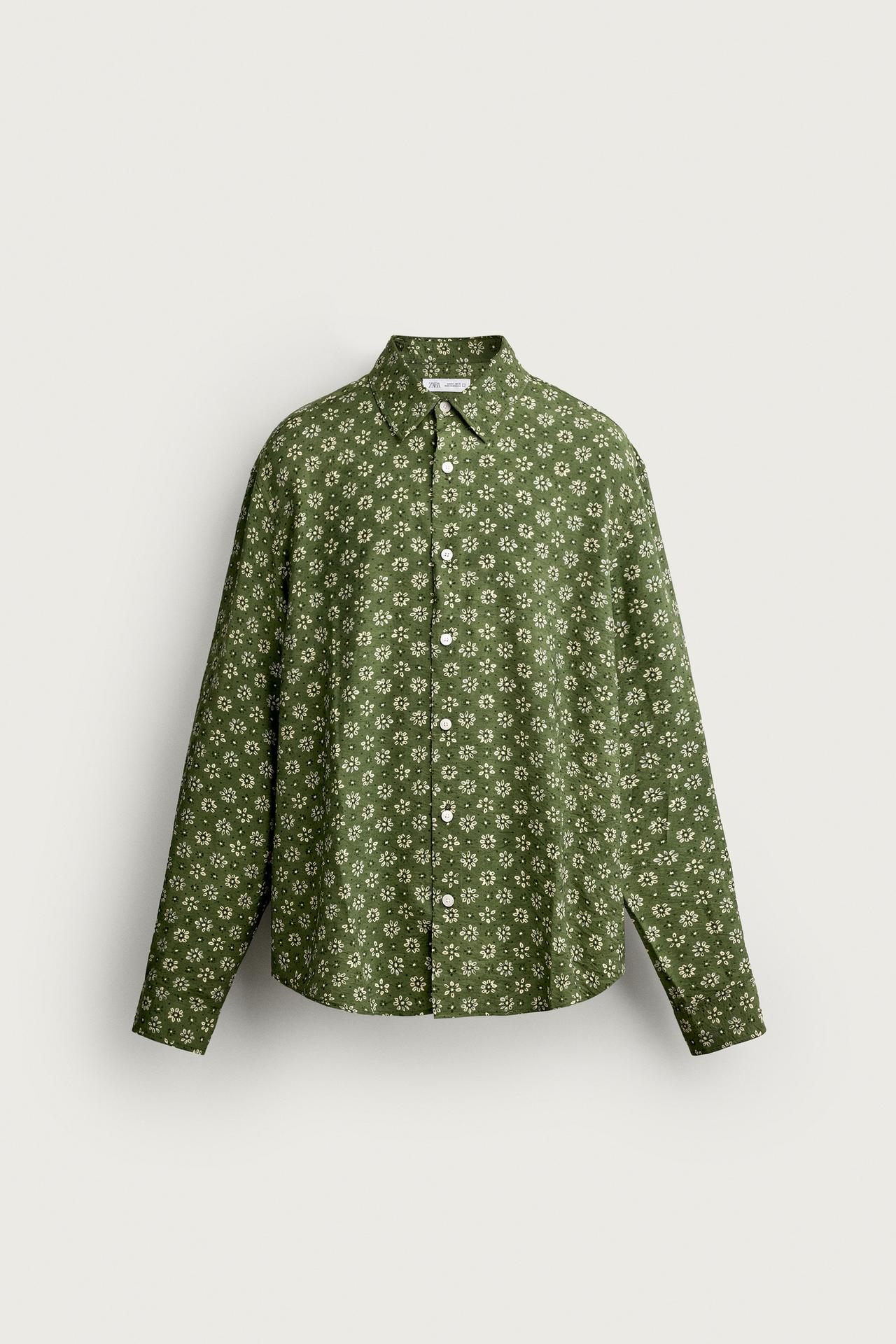 FLOWY FLORAL PRINT SHIRT — Mid-green