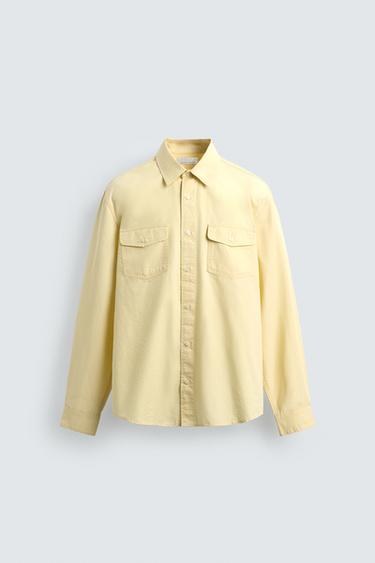 Zara 棉質/萊賽爾纖維混紡口袋襯衫 - 黃色