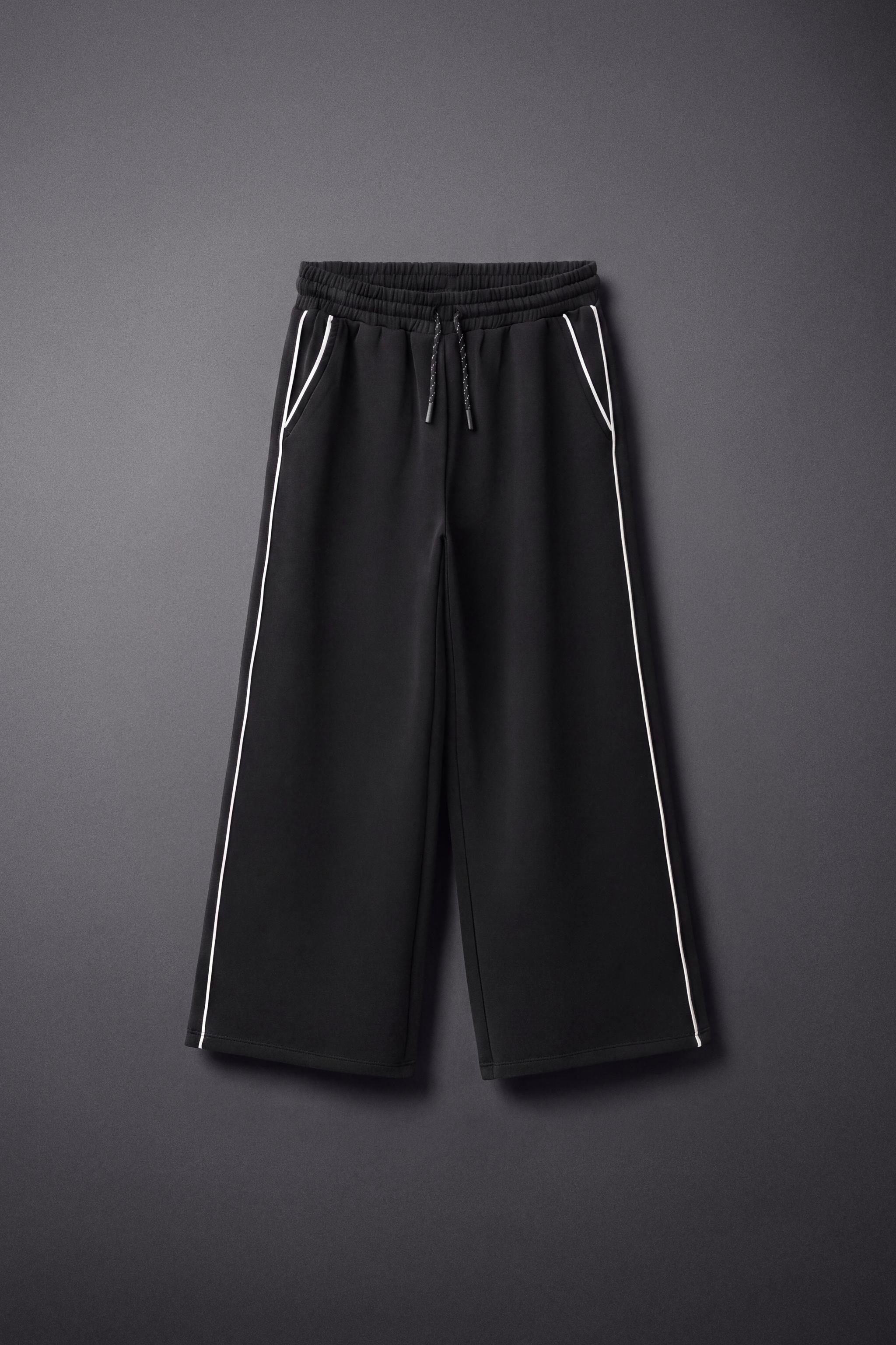 CONTRAST SPORTY WIDE-LEG PANTS — Black