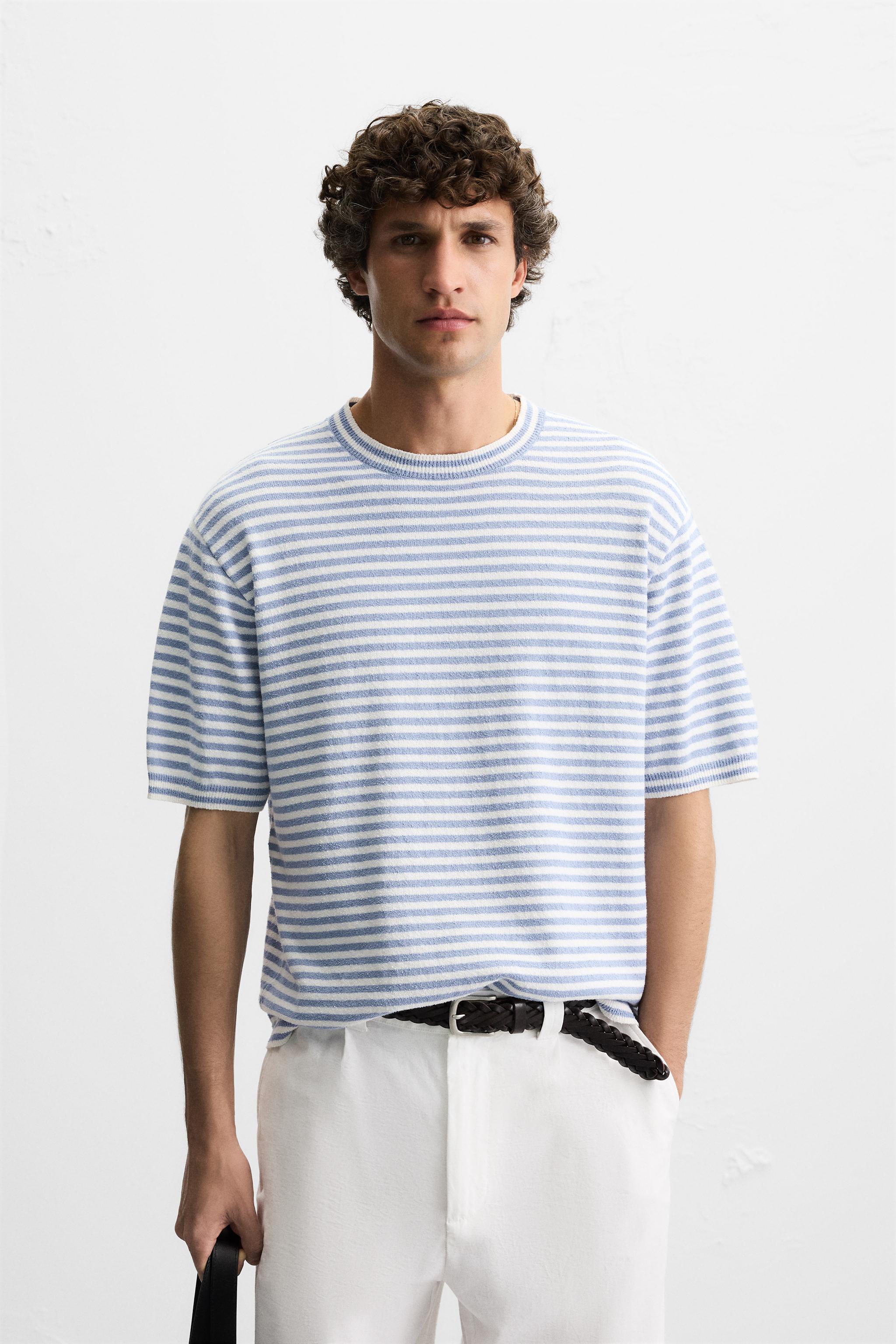 ストライプ柄テクスチャーニットTシャツ - オレンジホワイト
