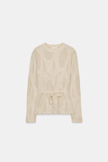 JACQUARD-TOP MED BÆLTE - middelys råhvid fra Zara